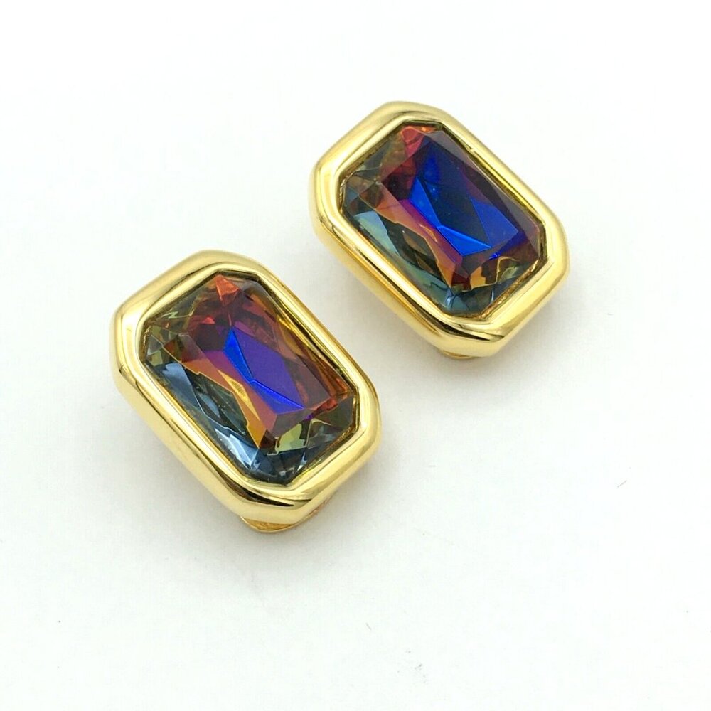 KENNETH JAY LANE multicolor rhinestone clip earrings - vtg gold-tone rectangular - Picture 7 of 9